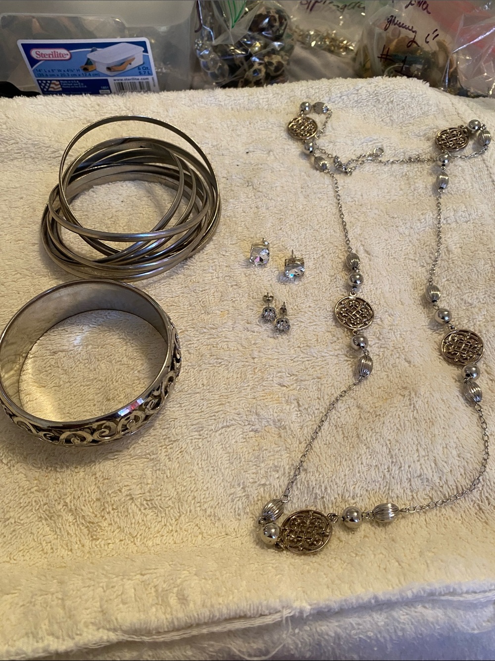 Silvertone jewelry set with bangles and earrings